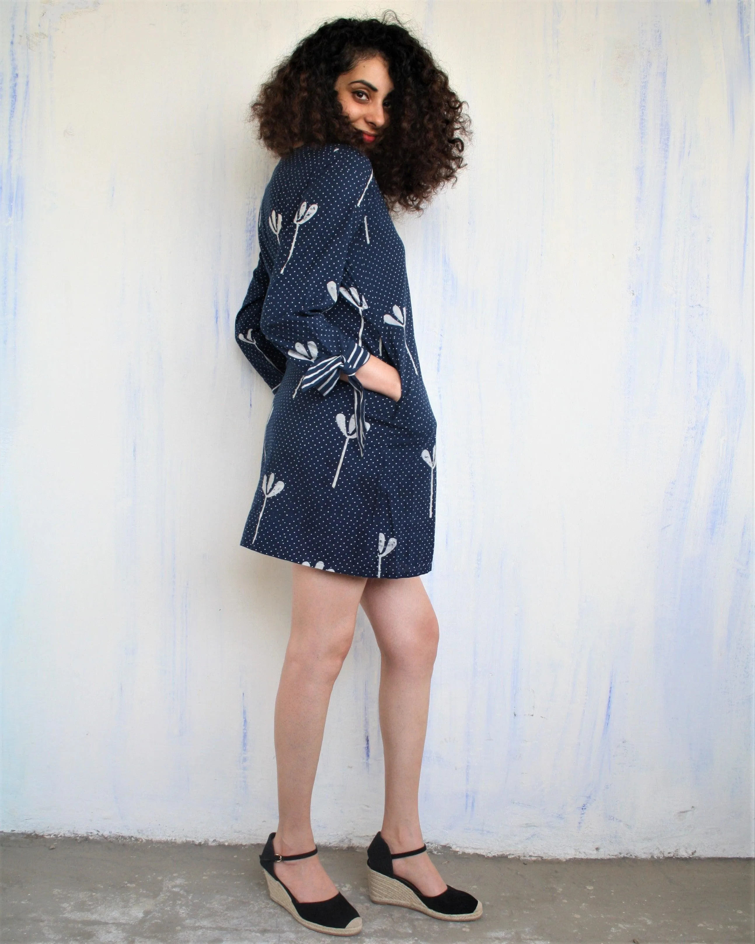 Blue Floral Blockprinted Cotton Shift Dress