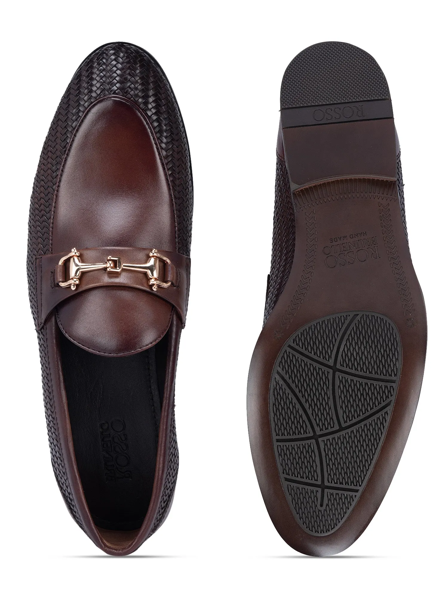 Coffee Textured Loafers With Buckle