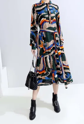 Loose-Fit Lapel Printed Long Sleeves Maxi Dress