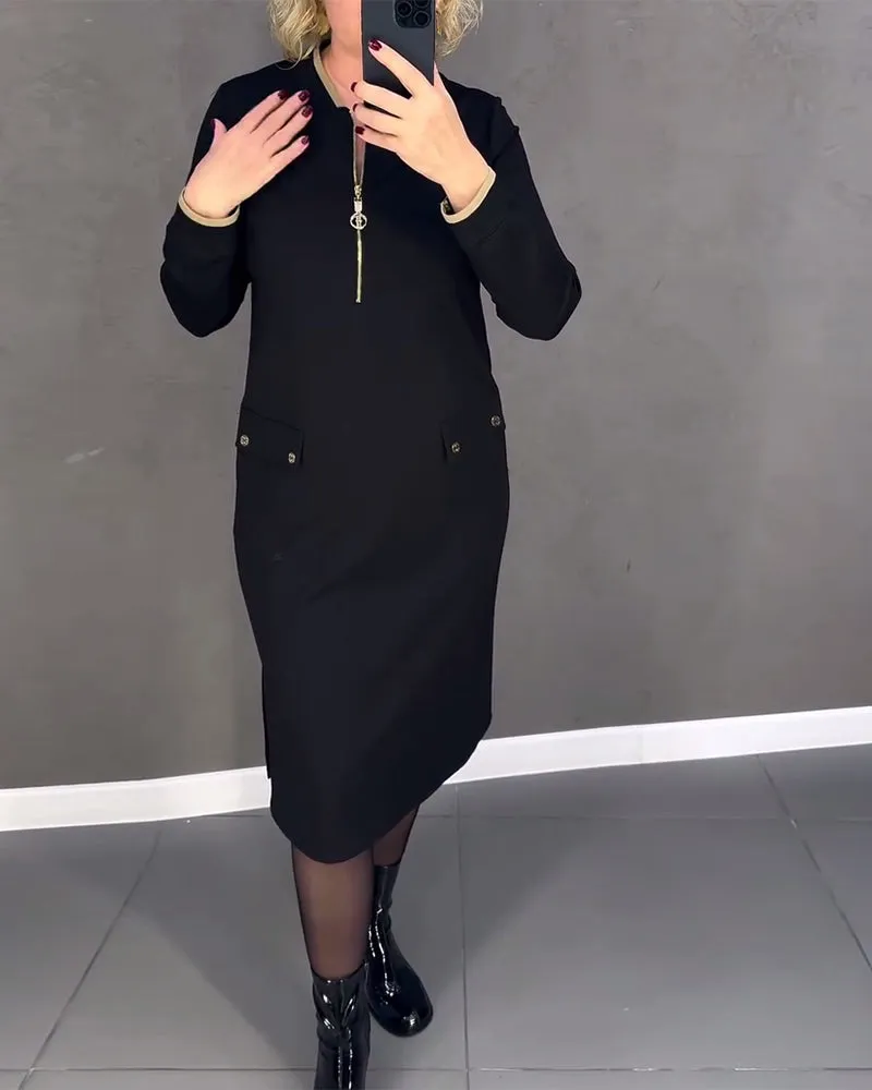 Stand collar contrast zipper shift dress