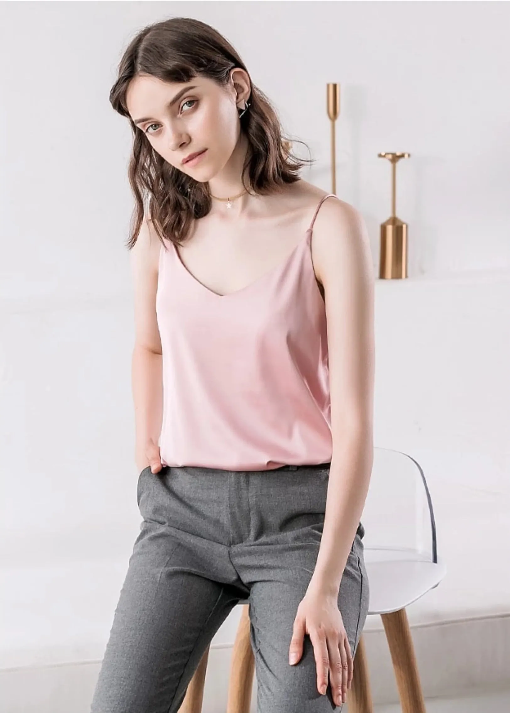 Women's Summer Casual Satin V-Neck Tank Top