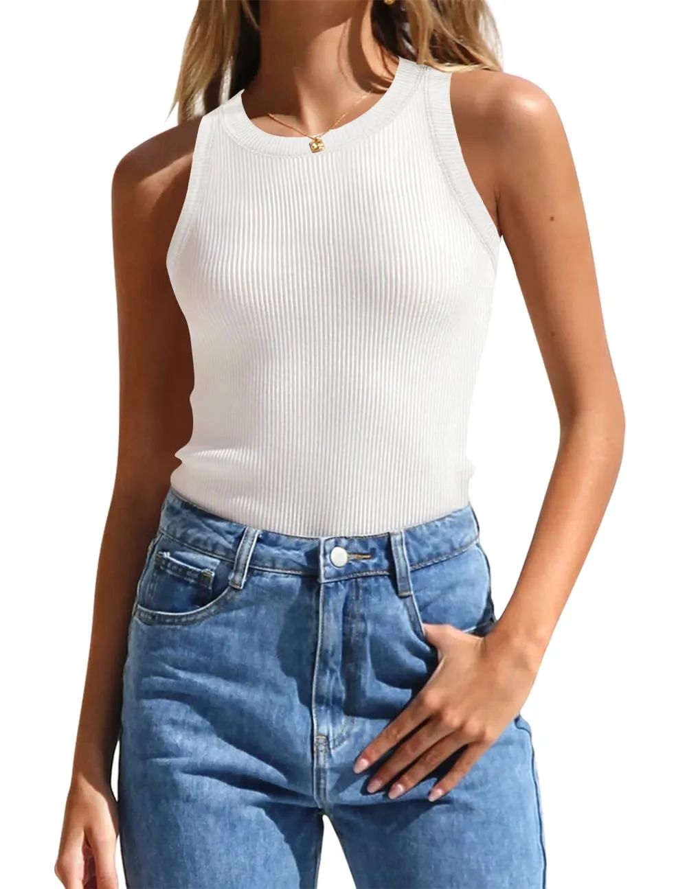 ZESICA High Neck Racerback Color Block Ribbed Tank Top